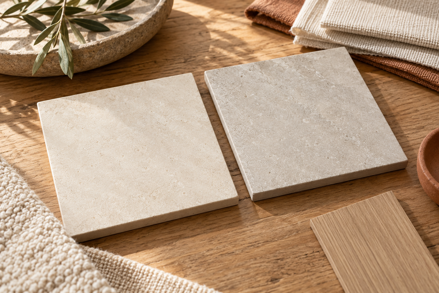 Concepto editorial generado por IA de dos tableros genéricos neutros con forma de mosaico sobre una mesa de madera; Estas no son muestras de CLEM C05 o C20.