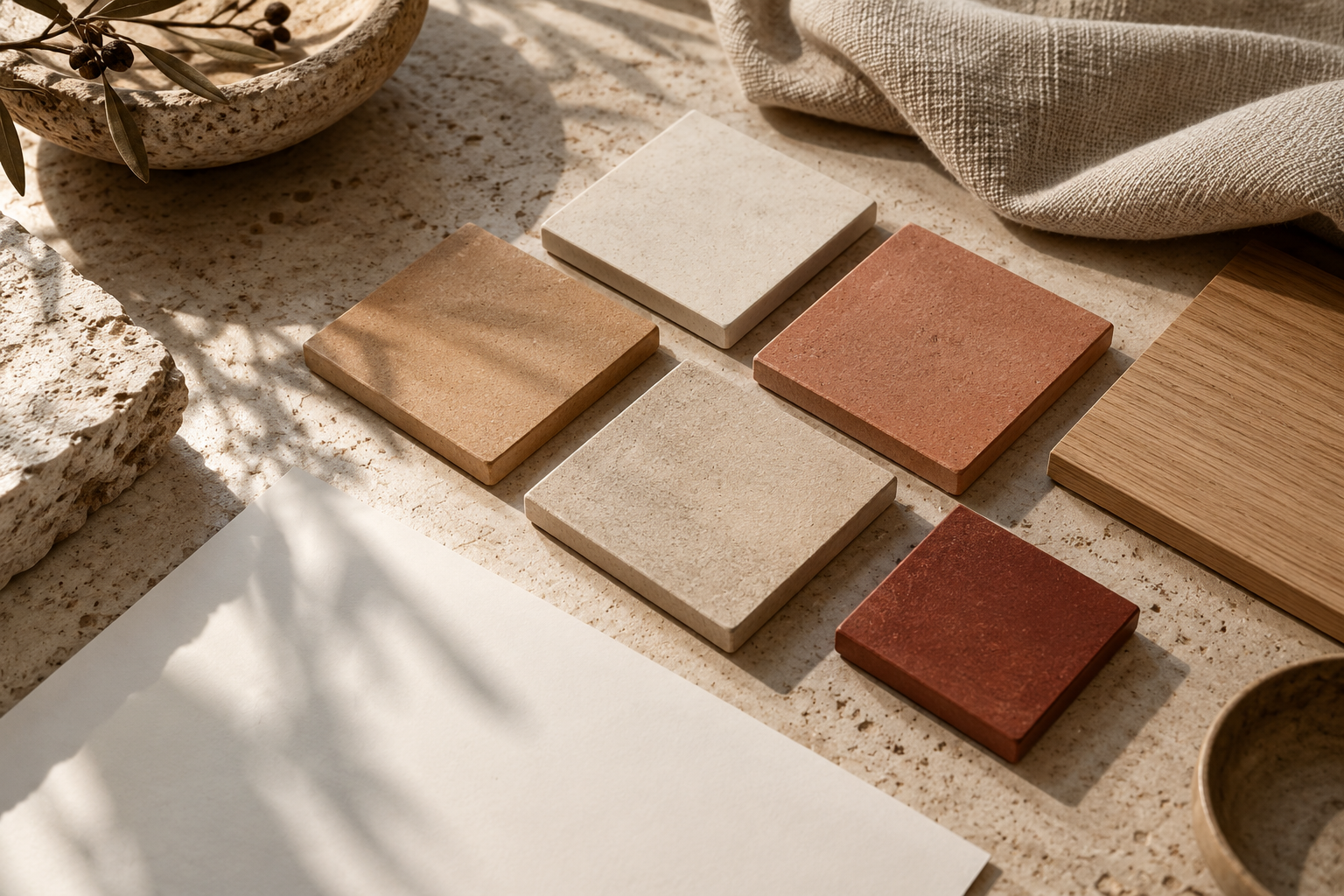 AI-generated editorial concept of tile-like colour chips and material references arranged on a design table