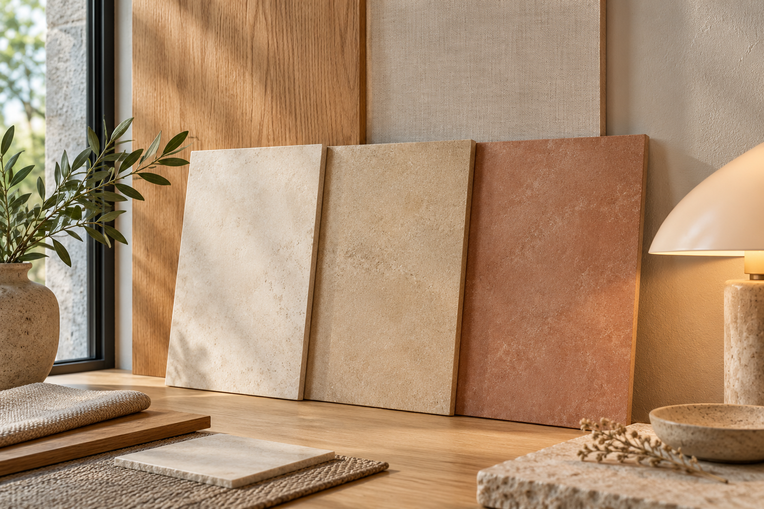 AI-generated editorial concept of a tile-like sample beside timber, daylight and a lamp