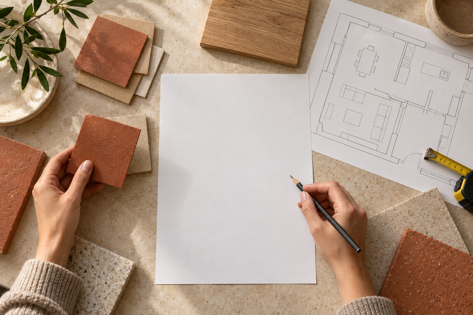 AI-generated overhead editorial concept of an unbranded supplier brief, drawing and colour samples on a worktable