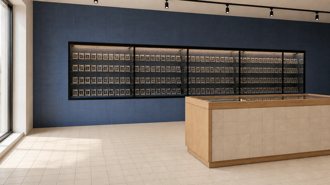 Tranquila tienda de tarjetas coleccionables con un cálido suelo de baldosas de color marfil y una pared de exposición con azulejos de color azul mineral profundo