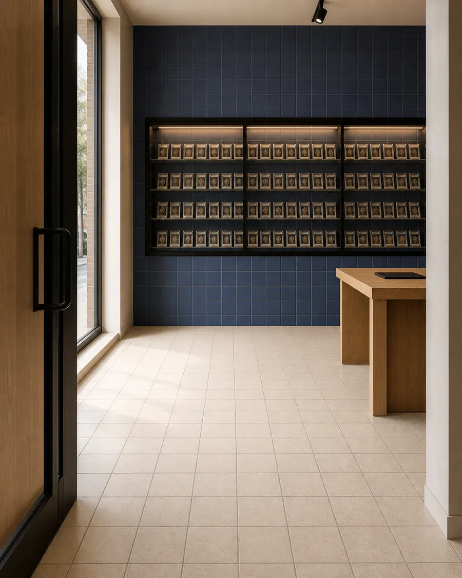 Línea de visión de entrada despejada a un gabinete de tarjetas graduadas enmarcado por azulejos minerales reciclados de color azul intenso