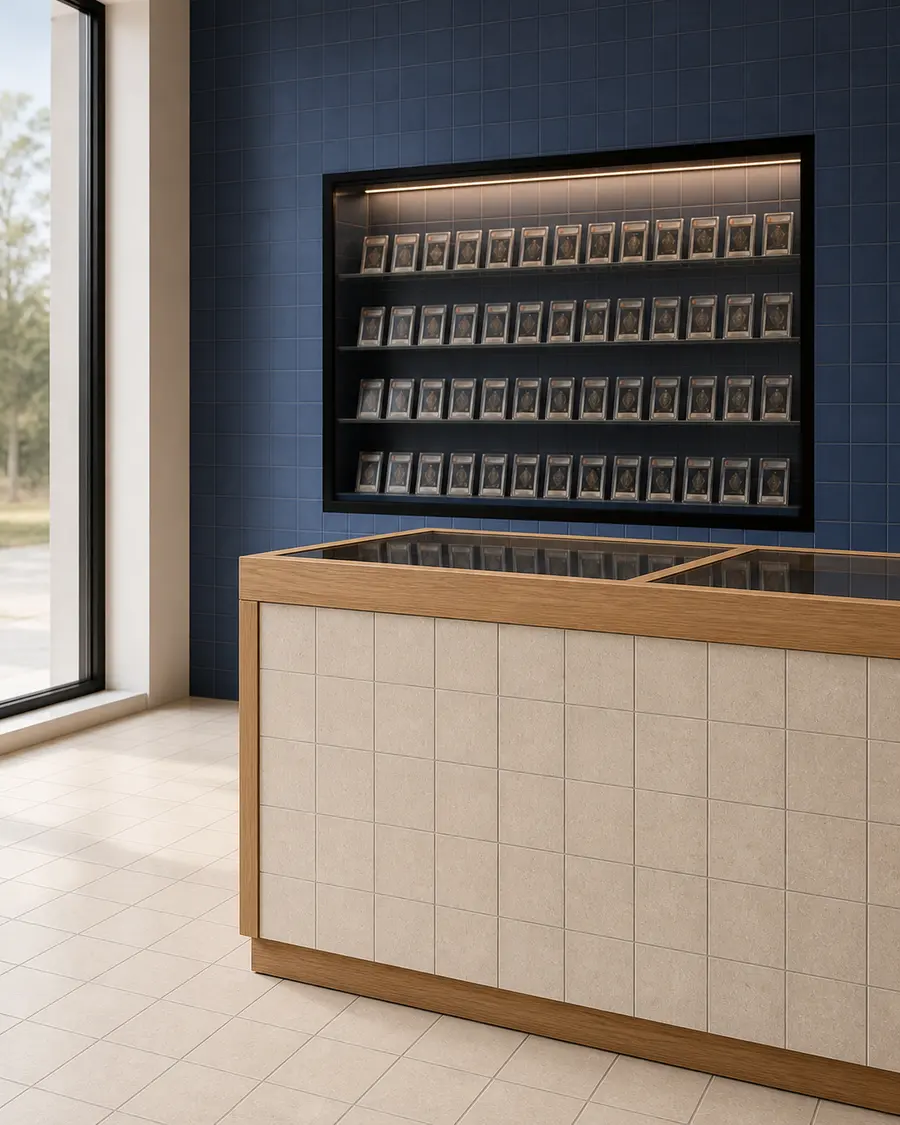 Cálido mostrador de tasación con azulejos de marfil frente a una pared de exhibición de tarjetas coleccionables con azulejos de color azul intenso