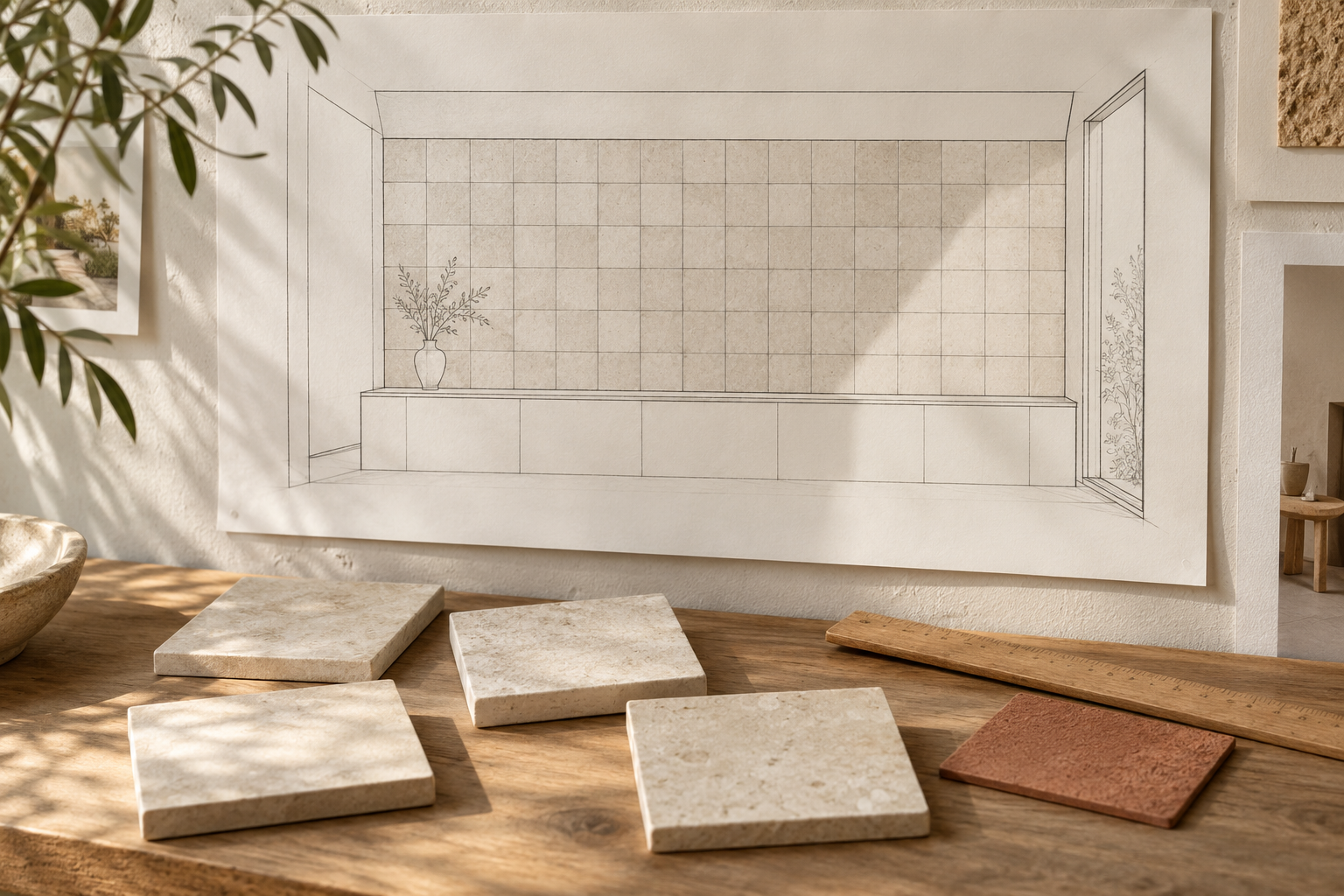 Concepto editorial generado por IA de un boceto de cuadrícula de pared sin etiquetar y piezas genéricas similares a mosaicos; no CLEM C03 ni un dibujo de replanteo medido