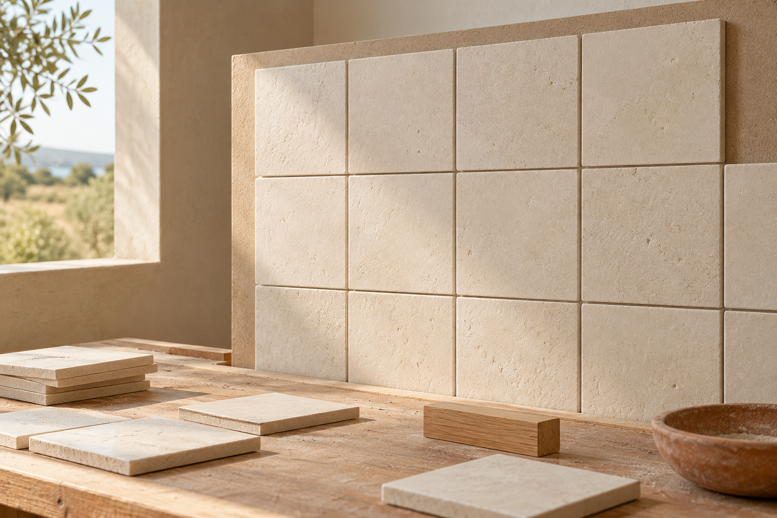 Concepto generado por IA de una maqueta ficticia de una pared de azulejos cerca de una abertura; no es un producto CLEM, proyecto construido o diseño conjunto aprobado