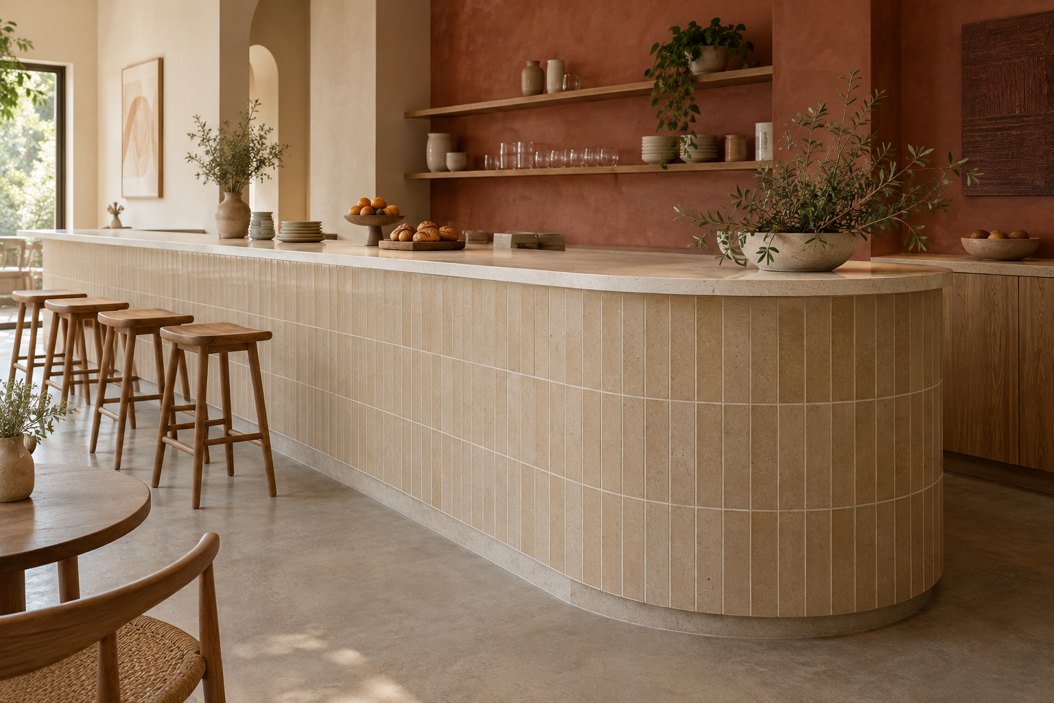 AI-generated cafe concept with a curved warm sand tile bar front, ivory worktop, oak and terracotta walls