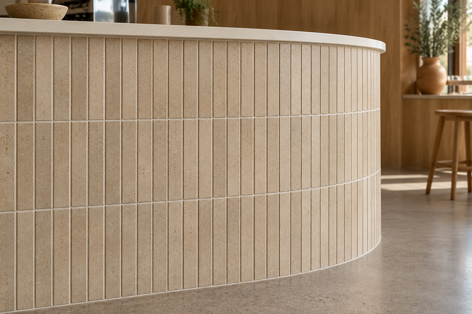 AI-generated detail of narrow vertical mineral-look tiles and pale joints turning around a curved counter