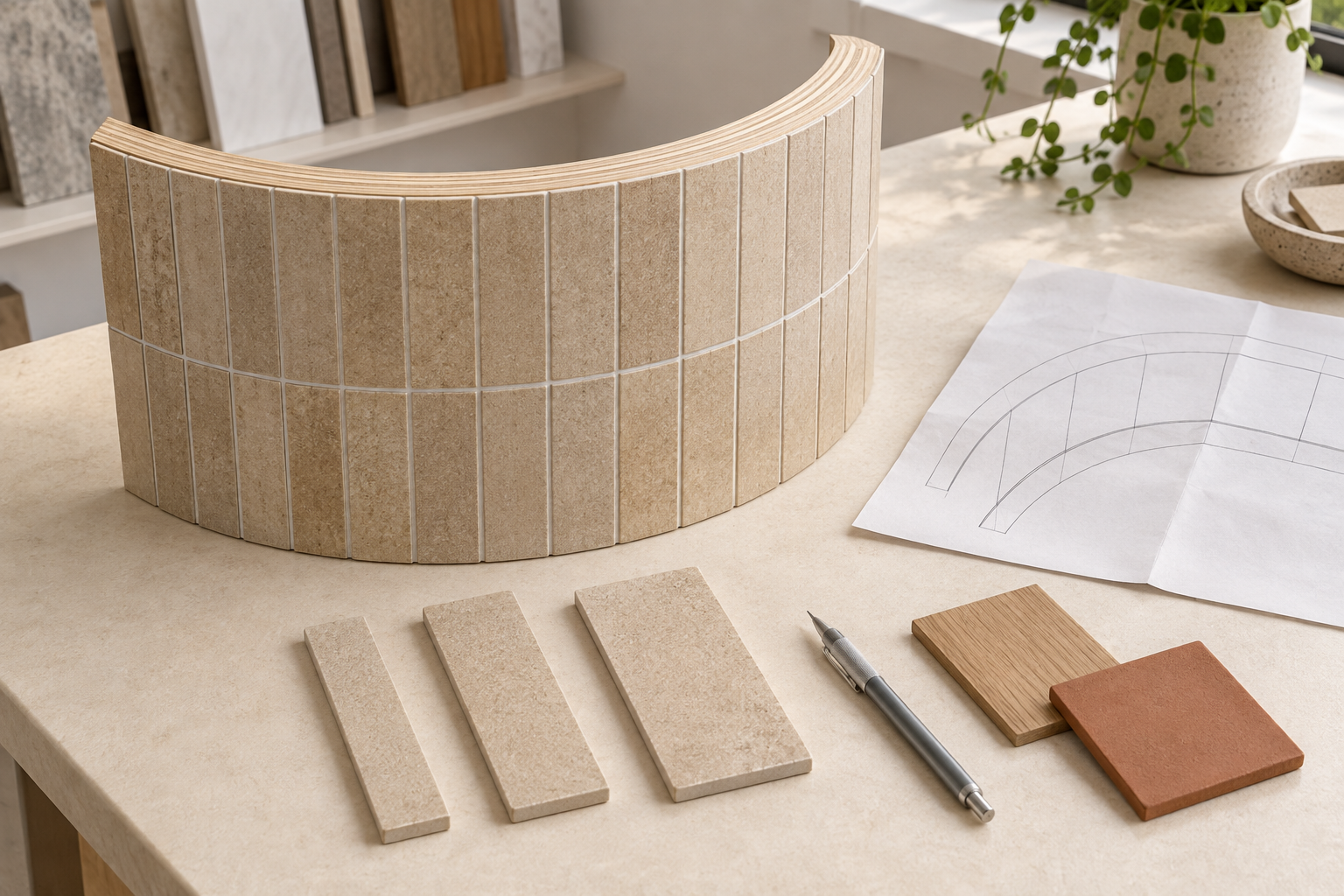 AI-generated curved tile study model beside loose tile samples, a plan, oak and terracotta swatches