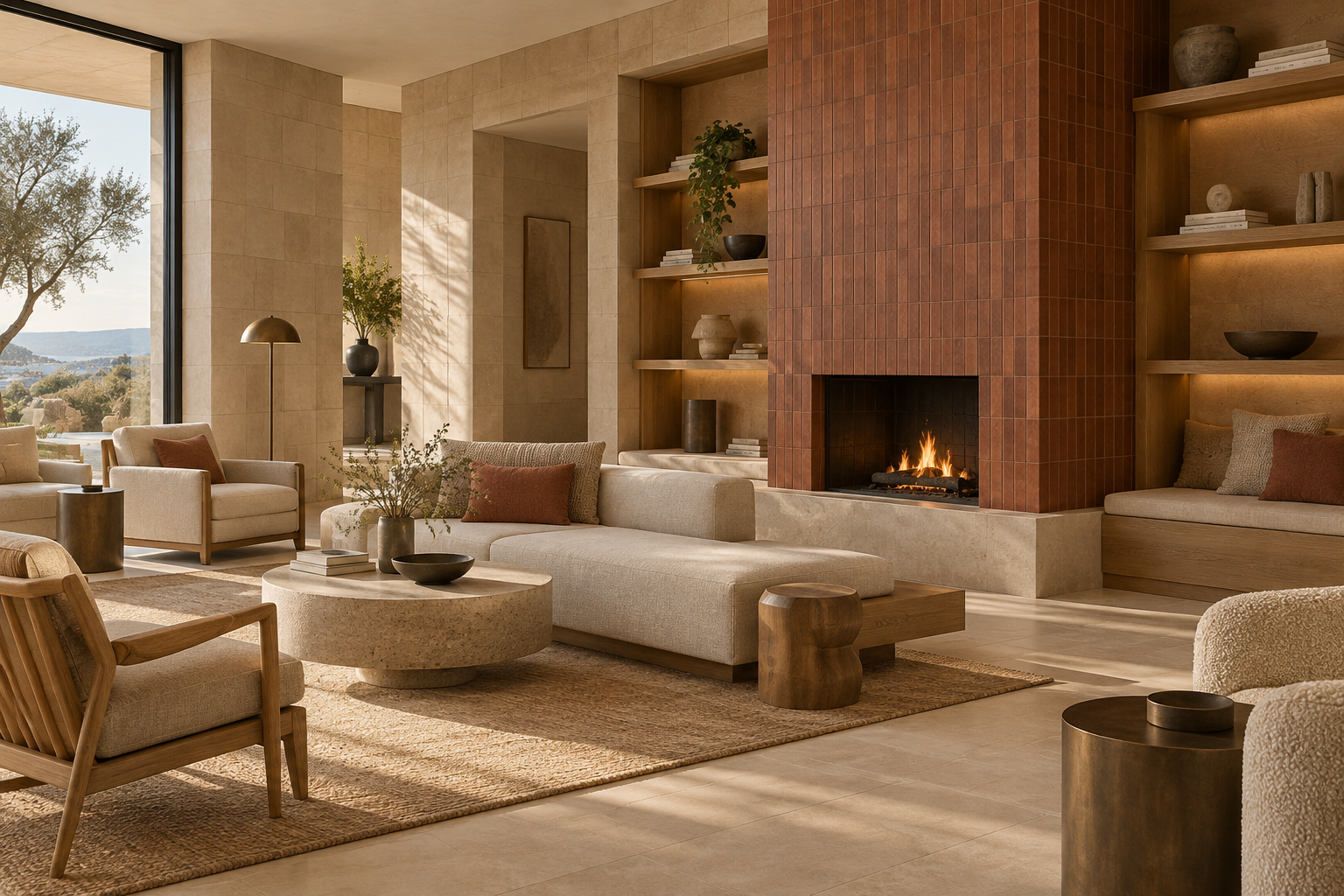 AI-generated hospitality lounge concept using warm sand surfaces, an ivory floor, terracotta tiled fireplace and oak shelving