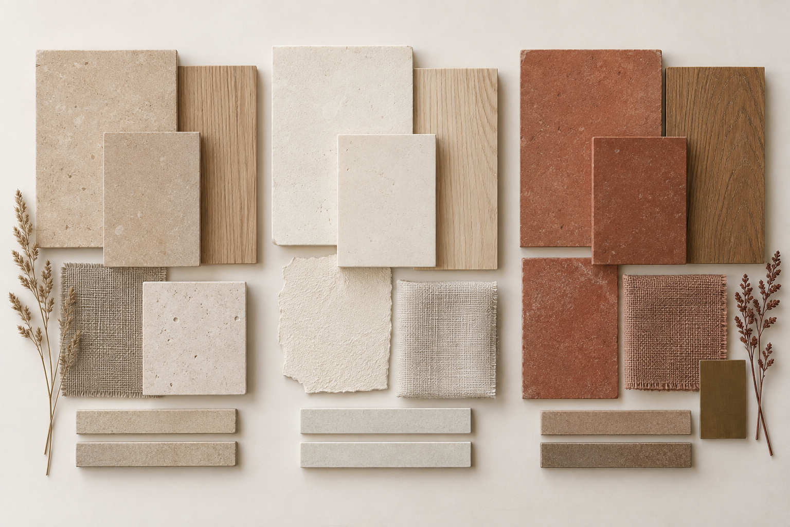 AI-generated material board concept comparing sand beige, creamy ivory and terracotta red with oak, linen and grout samples