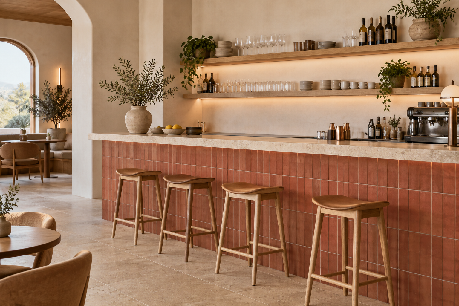 AI-generated hospitality bar concept with a terracotta red tiled counter, ivory wall, warm sand floor and oak shelving