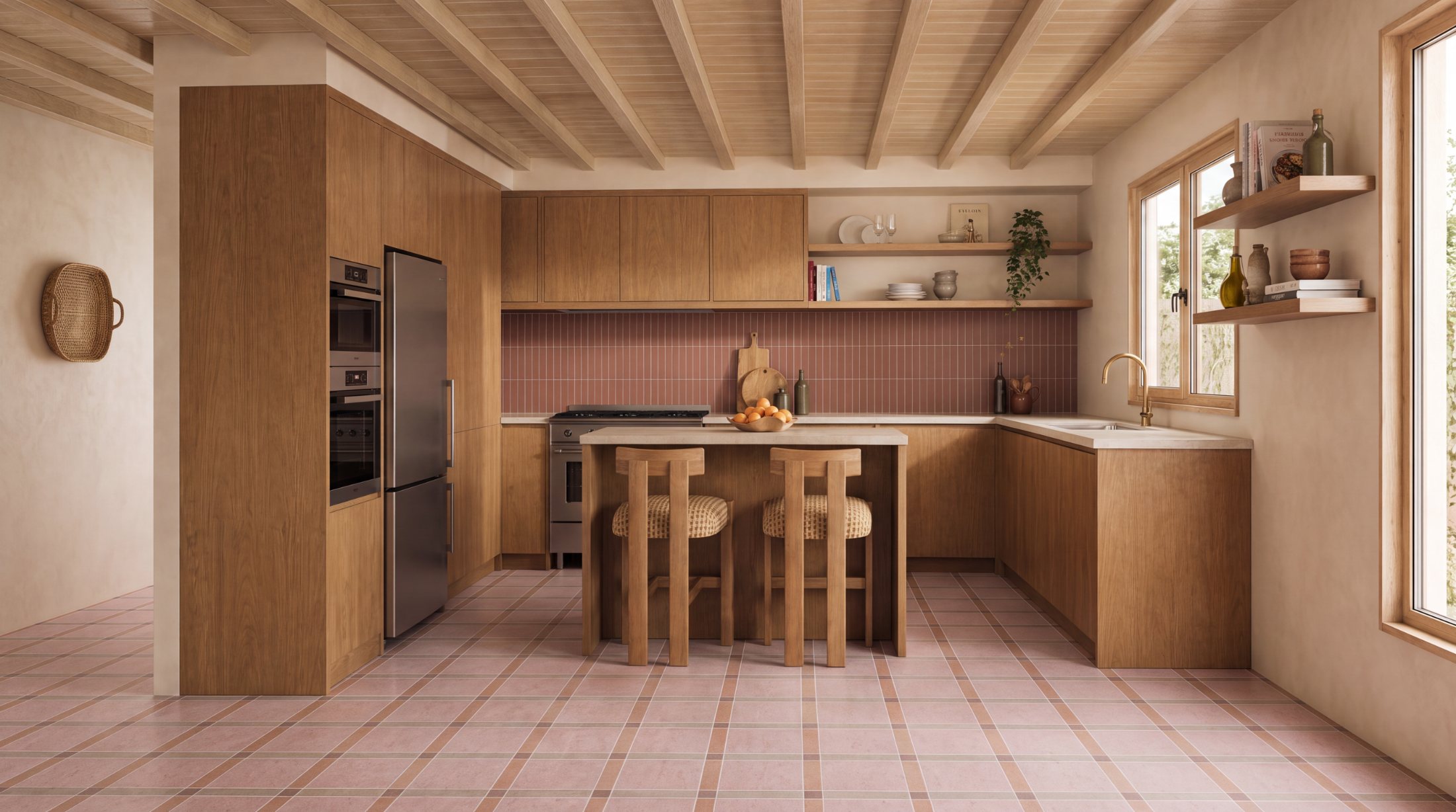 Warm CLEM interior with mineral tiles across the floor and kitchen wall